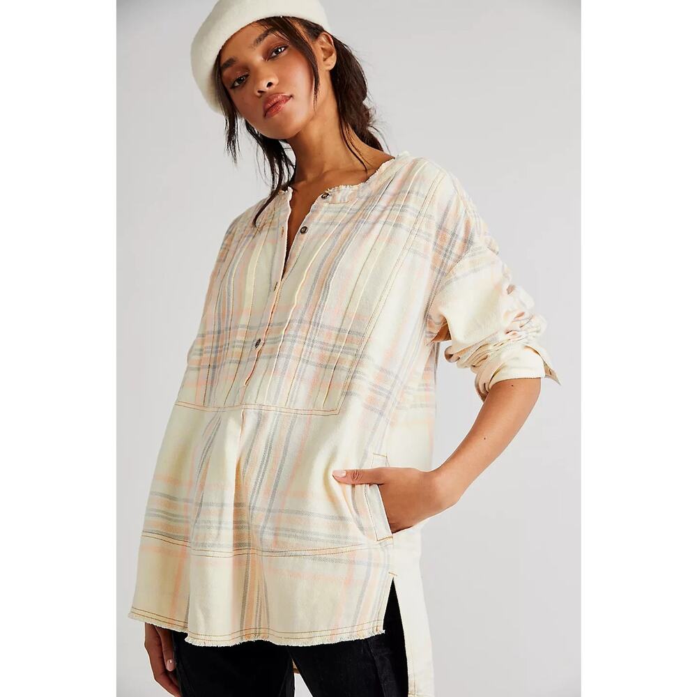 We the Free Dunes Flannel Pintuck Oversized Henley Shirt Casual Boho Size Small